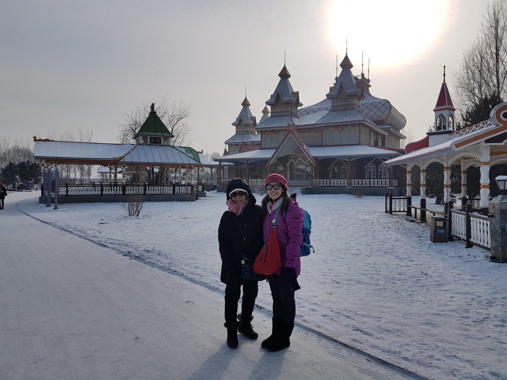 Outside our lunch restaurant at Volga Manor, Harbin, China