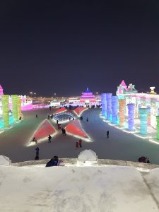 View of the ice city from the spiral tower at Harbin Ice Festival